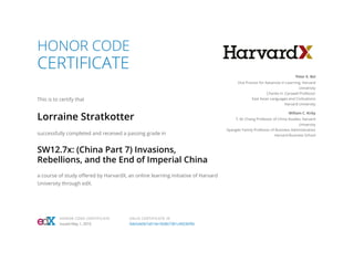 HONOR CODE
CERTIFICATE
This is to certify that
Lorraine Stratkotter
successfully completed and received a passing grade in
SW12.7x: (China Part 7) Invasions,
Rebellions, and the End of Imperial China
a course of study offered by HarvardX, an online learning initiative of Harvard
University through edX.
Peter K. Bol
Vice Provost for Advances in Learning, Harvard
University
Charles H. Carswell Professor
East Asian Languages and Civilizations
Harvard University
William C. Kirby
T. M. Chang Professor of China Studies, Harvard
University
Spangler Family Professor of Business Administration
Harvard Business School
HONOR CODE CERTIFICATE
Issued May 1, 2016
VALID CERTIFICATE ID
9de5de0b7a614e16b8b7381c4663bf0b
 