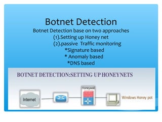Botnet Detection
Botnet Detection base on two approaches
(1).Setting up Honey net
(2).passive Traffic monitoring
*Signature based
* Anomaly based
*DNS based
 