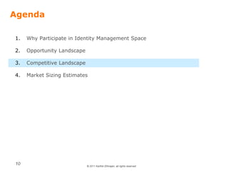 © 2011 Karthik Ethirajan, all rights reserved
10
Agenda
1. Why Participate in Identity Management Space
2. Opportunity Landscape
3. Competitive Landscape
4. Market Sizing Estimates
 