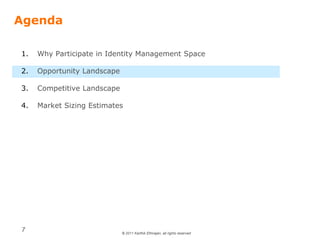© 2011 Karthik Ethirajan, all rights reserved
7
Agenda
1. Why Participate in Identity Management Space
2. Opportunity Landscape
3. Competitive Landscape
4. Market Sizing Estimates
 
