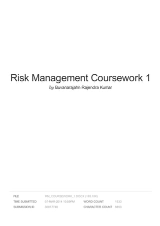 Risk Management Coursework 1
by Buvanarajahn Rajendra Kumar
FILE
TIME SUBMITTED 07-MAR-2014 10:59PM
SUBMISSION ID 30817746
WORD COUNT 1533
CHARACTER COUNT 8850
RM_COURSEWORK_1.DOCX (188.18K)
 