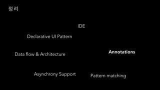 IDE
Declarative UI Pattern
Data flow & Architecture
Asynchrony Support Pattern matching
Annotations
 
