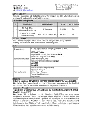 Career Objective
Seeking a challenging job that utilize and further sharpen my skills, where I can express
my thoughts and ideas for growth of the company.
Educational Background
Sr. Qualification Board/University Grade Year of Passing
1.
M. Tech (RF &
Microwave Engineering)
IIT Kharagpur 8.42/10 2015
2.
B. Tech (Electronics &
Communication)
JSSATE Noida, GBTU (UPTU) 67.30% 2012
Current Position
I am currently employed in Bharat Electronic Ltd, Bengaluru as Deputy Engineer
working in Narrowband and Ultra-wideband Receiver systems.
Skills
Programming C Language, Assembly level programming of 8085
Software/Simulators
MATLAB, Verilog
High Frequency Structure Simulator (HFSS)
Advanced Design Systems (ADS)
AWR Microwave Office
Computer Simulation Technology(CST)
AutoCAD
EaglePCB
Test Equipments
Vector Network Analyser(VNA)
Spectrum Analyser
Noise Figure Analyser
Vector Signal Generator
Digital CRO
Training
Industrial training in ‘POWER GRID CORPORATION OF INDIA LTD.’ for 6 weeks in 2011.
Description: Basic knowledge about some of the major components of Gas Insulated
substation such as Circuit breakers, Current and voltage measuring devices.
Academic Projects
Topic: Design & Testing of Dual Ultra wideband low noise front end Amplifier(1-20GHz).
Duration: Jan-Sept 2016
Description: This is designed for Ultra Wideband (1GHz-20GHz) and uses various
components like Filter, Switch, cascading of various amplifiers to obtain desired gain
within the required Ultra Wideband. Equalizers and Thermopad are also used to counter
the non-linearity of the Amplifier. The Gain obtained is 22  1 dB with a Noise Figure and
Isolation better than 10dB and 70dB respectively. DC Board is designed in eagle by using
IC’s with control logic, regulations and proper amplifier biasing.
RAVI GUPTA
+91-8050170287
@ravi.gpt515@gmail.com
 401,Mars Enclave building
Dodda Bomma Sandra
Bengaluru-560097
 