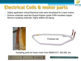 Electrical Coils & motor parts
• Highly application critical Electrical coils were developed for Linear motors.
• Diverse materials used like Dupont Kapton grade FWN insulated copper,
Nomex insulating materials, highly skilled coil taping.
Finished coil
Insulating parts for linear motor from NEMA G11, SG-200, etc.
 
