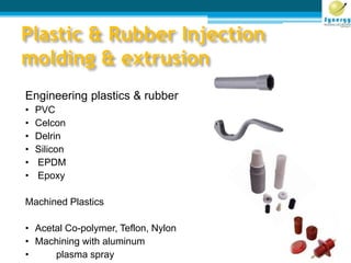 Plastic & Rubber Injection
molding & extrusion
Engineering plastics & rubber
• PVC
• Celcon
• Delrin
• Silicon
• EPDM
• Epoxy
Machined Plastics
• Acetal Co-polymer, Teflon, Nylon
• Machining with aluminum
• plasma spray
 