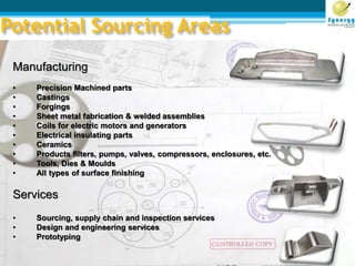Manufacturing
• Precision Machined parts
• Castings
• Forgings
• Sheet metal fabrication & welded assemblies
• Coils for electric motors and generators
• Electrical insulating parts
• Ceramics
• Products filters, pumps, valves, compressors, enclosures, etc.
• Tools, Dies & Moulds
• All types of surface finishing
Services
• Sourcing, supply chain and inspection services
• Design and engineering services
• Prototyping
Potential Sourcing Areas
 