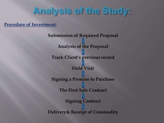 Procedure of Investment:
Submission of Required Proposal
Analysis of the Proposal
Track Client’s previous record
Field Visit
Signing a Promise to Purchase
The First Sale Contract
Signing Contract
Delivery& Receipt of Commodity
 