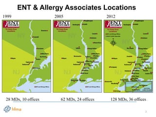 ENT & Allergy Associates Locations
1999 2005 2012
28 MDs, 10 offices 62 MDs, 24 offices 128 MDs, 36 offices
2
 