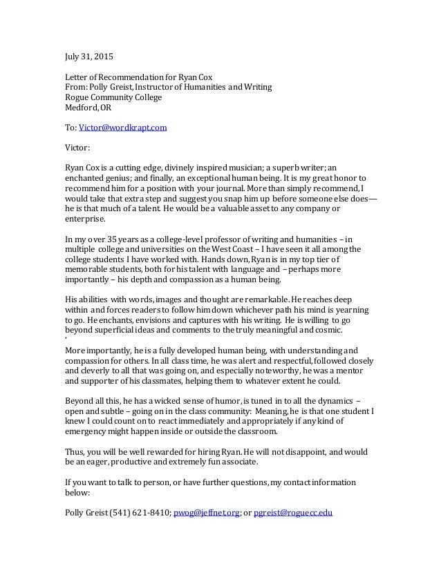letter of recommendation ryan cox 2 letter of recommendation from community college professor