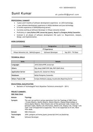 + 9 1 9 8 9 9 4 4 6 9 3 3
Sunil Kumar s k . y a d a v 9 0 @ g m a il. c o m
PROFESSIONAL SUMMARY
• 3 years and 4 months of software development experience on JAVA technology.
• 1 year software development experience in NoSql database and java technology.
• 6 months experience in SSRS(Reporting server).
• Currently working as Software Developer in Vihaan networks limited.
• Proficiency in Java,Python,PHP,Javascript,jquery, Mysql 5.x,Postgres,NoSql,Cassandra.
• Involved in all phases of software development life cycle i.e. Requirement, Analysis,
Design, and Implementation.
WORK EXPERIENCE
Company Designation Duration
IT Experience
Vihaan Networks Ltd., Delhi(Gurgaon) Software Developer Sep 2011– Till Date
TECHNICAL SKILLS
Skills Details
Languages JAVA,PythonPHP,Javascript
Others SQL,Nosql,SNMP,PHP-XML,PHP-SOAP,Html
Application Server Apache,IIS, Geoserver,Wamp
Databases MySql,Postgress,Cassandra
Others Tools & IDE Eclipse,Netbeans,sqlyog,visualstudio,Reporting Server
EDUCATIONAL QUALIFICATION
• Bachelor of Technology(B-Tech) Rajasthan Technical university(Yr - 2011)
PROJECT SUMMARY:
OMC-Web Client
Module Topology
Synopsis The user can perform various operations from the Topology of OMC-Client
:-Create Objects, Modify Objects, Delete Objects, Display Objects(Maps or
Views),Query Objects, View Chassis view of the particular node, Create Link
between nodes, Modify Link information, Delete Link, Display Link, Change ‘Link
Type’ from Unsupported to Supported. This is not supported as of now, Move
View Node.
Domain NMS (Telecom)
Technologies JAVA ,postgres,activemq,jquery,javascript,html,css,bootstrap
Role Software Developer
 