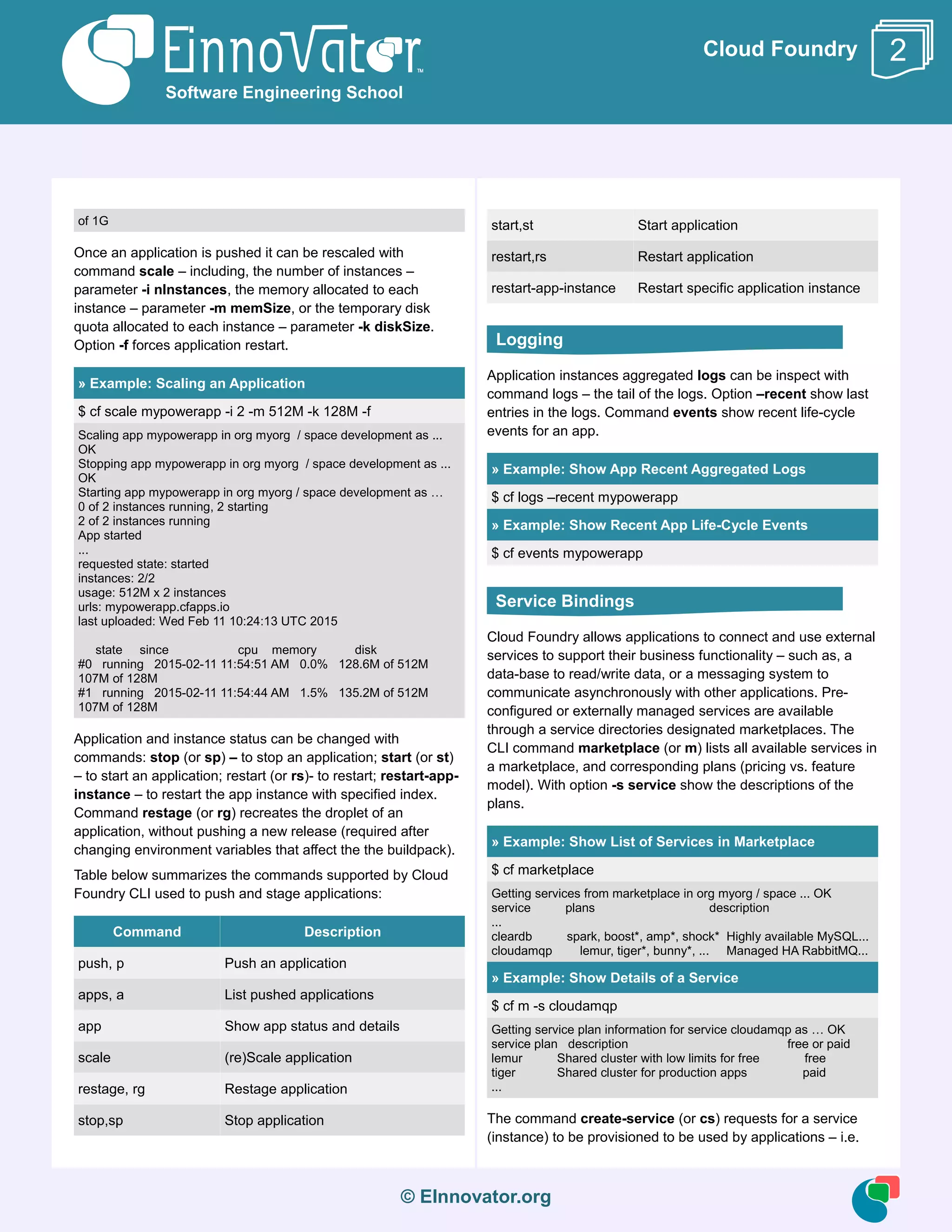 © EInnovator.org
Cloud Foundry
of 1G
Once an application is pushed it can be rescaled with
command scale – including, the number of instances –
parameter -i nInstances, the memory allocated to each
instance – parameter -m memSize, or the temporary disk
quota allocated to each instance – parameter -k diskSize.
Option -f forces application restart.
» Example: Scaling an Application
$ cf scale mypowerapp -i 2 -m 512M -k 128M -f
Scaling app mypowerapp in org myorg / space development as ...
OK
Stopping app mypowerapp in org myorg / space development as ...
OK
Starting app mypowerapp in org myorg / space development as …
0 of 2 instances running, 2 starting
2 of 2 instances running
App started
...
requested state: started
instances: 2/2
usage: 512M x 2 instances
urls: mypowerapp.cfapps.io
last uploaded: Wed Feb 11 10:24:13 UTC 2015
state since cpu memory disk
#0 running 2015-02-11 11:54:51 AM 0.0% 128.6M of 512M
107M of 128M
#1 running 2015-02-11 11:54:44 AM 1.5% 135.2M of 512M
107M of 128M
Application and instance status can be changed with
commands: stop (or sp) – to stop an application; start (or st)
– to start an application; restart (or rs)- to restart; restart-app-
instance – to restart the app instance with specified index.
Command restage (or rg) recreates the droplet of an
application, without pushing a new release (required after
changing environment variables that affect the the buildpack).
Table below summarizes the commands supported by Cloud
Foundry CLI used to push and stage applications:
Command Description
push, p Push an application
apps, a List pushed applications
app Show app status and details
scale (re)Scale application
restage, rg Restage application
stop,sp Stop application
start,st Start application
restart,rs Restart application
restart-app-instance Restart specific application instance
Application instances aggregated logs can be inspect with
command logs – the tail of the logs. Option –recent show last
entries in the logs. Command events show recent life-cycle
events for an app.
» Example: Show App Recent Aggregated Logs
$ cf logs –recent mypowerapp
» Example: Show Recent App Life-Cycle Events
$ cf events mypowerapp
Cloud Foundry allows applications to connect and use external
services to support their business functionality – such as, a
data-base to read/write data, or a messaging system to
communicate asynchronously with other applications. Pre-
configured or externally managed services are available
through a service directories designated marketplaces. The
CLI command marketplace (or m) lists all available services in
a marketplace, and corresponding plans (pricing vs. feature
model). With option -s service show the descriptions of the
plans.
» Example: Show List of Services in Marketplace
$ cf marketplace
Getting services from marketplace in org myorg / space ... OK
service plans description
...
cleardb spark, boost*, amp*, shock* Highly available MySQL...
cloudamqp lemur, tiger*, bunny*, ... Managed HA RabbitMQ...
» Example: Show Details of a Service
$ cf m -s cloudamqp
Getting service plan information for service cloudamqp as … OK
service plan description free or paid
lemur Shared cluster with low limits for free free
tiger Shared cluster for production apps paid
...
The command create-service (or cs) requests for a service
(instance) to be provisioned to be used by applications – i.e.
Software Engineering School
2
Service Bindings
Logging
 