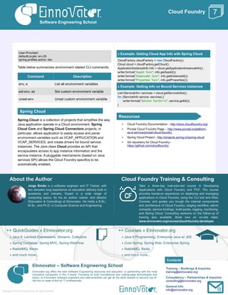 Cloud Foundry
User-Provided:
defaultLocale: en-US
spring.profiles.active: dev
Table below summarizes environment related CLI commands.
Command Description
env, e List all environment variables
set-env, se Set custom environment variable
unset-env Unset custom environment variable
Spring Cloud is a collection of projects that simplifies the way
Java application operate in a Cloud environment. Spring
Cloud Core and Spring Cloud Connectors projects, in
particular, allows application to easily access and parse
environment variables such as VCAP_APPLICATION and
VCAP_SERVICES, and create drivers for bound service
instances. The Java class Cloud provides an API that
encapsulates access to app instance information and the
service instance. A pluggable mechanisms (based on Java
services SPI) allows the Cloud Foundry specifics to be
automatically enabled.
» Example: Getting Cloud App Info with Spring Cloud
CloudFactory cloudFactory = new CloudFactory();
Cloud cloud = cloudFactory.getCloud();
ApplicationInstanceInfo info = cloud.getApplicationInstanceInfo();
writer.format("AppId: %sn", info.getAppId());
writer.format("InstanceId: %sn", info.getInstanceId());
writer.format("Properties: %sn", info.getProperties());
» Example: Getting Info on Bound Services Instances
List<ServiceInfo> services = cloud.getServiceInfos();
for (ServiceInfo service: services) {
writer.format("Service: %s<br/>n", service.getId());
}
• Cloud Foundry Documentation - http://docs.cloudfoundry.org/
• Pivotal Cloud Foundry Page – http://www.pivotal.io/platform-
as-a-service/pivotal-cloud-foundry
• Spring Cloud Project - http://projects.spring.io/spring-cloud
• Git repository for Cloud Foundry -
https://github.com/cloudfoundry
About the Author
Jorge Simão is a software engineer and IT Trainer, with
two decades long experience on education delivery both in
academia and industry. Expert in a wide range of
computing topics, he his an author, trainer, and director
(Education & Consulting) at EInnovator. He holds a B.Sc.,
M.Sc., and Ph.D. in Computer Science and Engineering.
Cloud Foundry Training & Consulting
Take a three-day instructor-led course in Developing
Applications with Cloud Foundry and PCF. The course
provides hands-on experience on deploying and managing
applications in Cloud Foundry, using the CLI tool and Web-
Console, and guides you trough the internal components
and architecture of Cloud Foundry, staging workflow, admin
concepts, service bindings, build-packs, logging, monitoring,
and Spring Cloud. Consulting sessions on the follow-up of
training also available. Book now an on-site class:
www.einnovator.org/course/cloud-foundry-developer
++ QuickGuides » EInnovator.org
» Java 8: Lambda Expressions, Streams, Collectors
» Spring Container, Spring MVC, Spring WebFlow
» RabbitMQ, Redis
» and much more...
++ Courses » EInnovator.org
» Java 8 Programming, Enterprise Java w/ JEE
» Core Spring, Spring Web, Enterprise Spring
» RabbitMQ, Redis
» and much more...
EInnovator – Software Engineering School
EInnovator.org offers the best Software Engineering resources and education, in partnership with the most
innovative companies in the IT-world. Focusing on both foundational and cutting-edge technologies and
topics, at EInnovator software engineers and data-scientists can get all the skills needed to become top-of-
the-line on state-of-the-art IT professionals.
Training – Bookings & Inquiries
training@einnovator.org
Consultancy – Partnerships & Inquiries
consulting@einnovator.org
General Info
info@einnovator.org
Resources
Software Engineering School
Copyright © 2014 EInnovator.org. All rights reserved.
7
Contacts
Spring Cloud
 