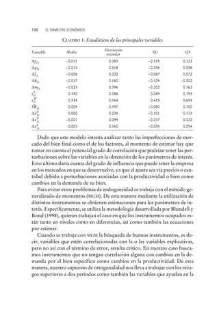 CUADRO 1. Estadísticos de las principales variables
Variable Media
Desviación
estándar
Q1 Q3
Dyit -0.011 0.283 -0.135 0.123
DqIt -0.013 0.118 -0.054 0.058
Dlit -0.008 0.222 -0.087 0.072
Dkit -0.017 0.180 -0.105 -0.002
Dmit -0.023 0.396 -0.202 0.162
sit
L
0.150 0.088 0.089 0.193
sit
M
0.534 0.164 0.415 0.654
SRit
~
0.005 0.197 -0.080 0.100
Dxit
m
0.000 0.235 -0.101 0.113
Dxit
q
-0.001 0.099 -0.037 0.022
Dxit
r
0.003 0.160 -0.055 0.054
Dado que este modelo intenta analizar tanto las imperfecciones de mer-
cado del bien final como el de los factores, al momento de estimar hay que
tomar en cuenta el potencial grado de correlación que podrían tener las per-
turbaciones sobre las variables en la obtención de los parámetros de interés.
Esto último daría cuenta del grado de influencia que puede tener la empresa
en los mercados en que se desenvuelve, ya que el ajuste sea vía precios o can-
tidad debido a perturbaciones asociadas con la productividad o bien como
cambios en la demanda de su bien.
Para evitar estos problemas de endogeneidad se trabaja con el método ge-
neralizado de momentos (MGM). De esta manera mediante la utilización de
distintos instrumentos se obtienen estimaciones para los parámetros de in-
terés. Específicamente, se utiliza la metodología desarrollada por Blundell y
Bond (1998), quienes trabajan el caso en que los instrumentos ocupados es-
tán tanto en niveles como en diferencias, así como también las ecuaciones
por estimar.
Cuando se trabaja con MGM la búsqueda de buenos instrumentos, es de-
cir, variables que estén correlacionadas con la o las variables explicativas,
pero no así con el término de error, resulta crítico. En nuestro caso busca-
mos instrumentos que no tengan correlación alguna con cambios en la de-
manda por el bien específico como cambios en la productividad. De esta
manera, nuestro supuesto de ortogonalidad nos lleva a trabajar con los reza-
gos superiores a dos periodos como también las variables que ayudan en la
130 EL TRIMESTRE ECONÓMICO
 