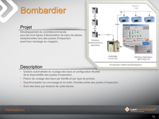 13
Bombardier
Projet
Développement du contrôle/commande
pour les trois lignes d’alimentation de bacs de pièces
réceptionné...