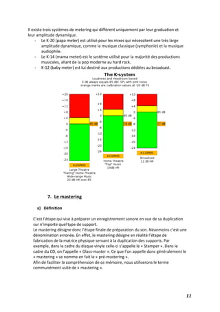   11	
  
Il	
  existe	
  trois	
  systèmes	
  de	
  metering	
  qui	
  diffèrent	
  uniquement	
  par	
  leur	
  graduation	
  et	
  
leur	
  amplitude	
  dynamique.	
  
-­‐ Le	
  K-­‐20	
  (papa	
  meter)	
  est	
  utilisé	
  pour	
  les	
  mixes	
  qui	
  nécessitent	
  une	
  très	
  large	
  
amplitude	
  dynamique,	
  comme	
  la	
  musique	
  classique	
  (symphonie)	
  et	
  la	
  musique	
  
audiophile.	
  
-­‐ Le	
  K-­‐14	
  (mama	
  meter)	
  est	
  le	
  système	
  utilisé	
  pour	
  la	
  majorité	
  des	
  productions	
  
musicales,	
  allant	
  de	
  la	
  pop	
  moderne	
  au	
  hard	
  rock.	
  
-­‐ K-­‐12	
  (baby	
  meter)	
  est	
  lui	
  destiné	
  aux	
  productions	
  dédiées	
  au	
  broadcast.	
  
	
  
	
  
7. Le	
  mastering	
  
	
  
a) Définition	
  
	
  
C’est	
  l’étape	
  qui	
  vise	
  à	
  préparer	
  un	
  enregistrement	
  sonore	
  en	
  vue	
  de	
  sa	
  duplication	
  
sur	
  n’importe	
  quel	
  type	
  de	
  support.	
  	
  
Le	
  mastering	
  désigne	
  donc	
  l’étape	
  finale	
  de	
  préparation	
  du	
  son.	
  Néanmoins	
  c’est	
  une	
  
dénomination	
  erronée.	
  En	
  effet,	
  le	
  mastering	
  désigne	
  en	
  réalité	
  l’étape	
  de	
  
fabrication	
  de	
  la	
  matrice	
  physique	
  servant	
  à	
  la	
  duplication	
  des	
  supports.	
  Par	
  
exemple,	
  dans	
  le	
  cadre	
  du	
  disque	
  vinyle	
  celle-­‐ci	
  s’appelle	
  le	
  «	
  Stamper	
  ».	
  Dans	
  le	
  
cadre	
  du	
  CD,	
  on	
  l’appelle	
  «	
  Glass-­‐master	
  ».	
  Ce	
  que	
  l’on	
  appelle	
  donc	
  généralement	
  le	
  
«	
  mastering	
  »	
  se	
  nomme	
  en	
  fait	
  le	
  «	
  pré-­‐mastering	
  ».	
  	
  
Afin	
  de	
  faciliter	
  la	
  compréhension	
  de	
  ce	
  mémoire,	
  nous	
  utiliserons	
  le	
  terme	
  
communément	
  usité	
  de	
  «	
  mastering	
  ».	
  
	
   	
  
	
  
 