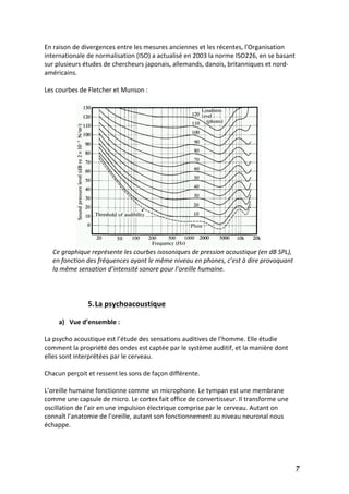  7	
  
En	
  raison	
  de	
  divergences	
  entre	
  les	
  mesures	
  anciennes	
  et	
  les	
  récentes,	
  l'Organisation	
  
internationale	
  de	
  normalisation	
  (ISO)	
  a	
  actualisé	
  en	
  2003	
  la	
  norme	
  ISO226,	
  en	
  se	
  basant	
  
sur	
  plusieurs	
  études	
  de	
  chercheurs	
  japonais,	
  allemands,	
  danois,	
  britanniques	
  et	
  nord-­‐
américains.	
  	
  
	
  
Les	
  courbes	
  de	
  Fletcher	
  et	
  Munson	
  :	
  
	
  
	
  	
  	
  	
  	
  	
  	
  	
  	
  	
  	
  	
  	
  	
  	
  	
  	
  	
  	
   	
  
Ce	
  graphique	
  représente	
  les	
  courbes	
  isosoniques	
  de	
  pression	
  acoustique	
  (en	
  dB	
  SPL),	
  
en	
  fonction	
  des	
  fréquences	
  ayant	
  le	
  même	
  niveau	
  en	
  phones,	
  c’est	
  à	
  dire	
  provoquant	
  
la	
  même	
  sensation	
  d’intensité	
  sonore	
  pour	
  l’oreille	
  humaine.	
  
	
  
	
  
	
  
5.La	
  psychoacoustique	
  
	
  
a) Vue	
  d’ensemble	
  :	
  
	
  
La	
  psycho	
  acoustique	
  est	
  l’étude	
  des	
  sensations	
  auditives	
  de	
  l’homme.	
  Elle	
  étudie	
  
comment	
  la	
  propriété	
  des	
  ondes	
  est	
  captée	
  par	
  le	
  système	
  auditif,	
  et	
  la	
  manière	
  dont	
  
elles	
  sont	
  interprétées	
  par	
  le	
  cerveau.	
  
	
  
Chacun	
  perçoit	
  et	
  ressent	
  les	
  sons	
  de	
  façon	
  différente.	
  
	
  
L’oreille	
  humaine	
  fonctionne	
  comme	
  un	
  microphone.	
  Le	
  tympan	
  est	
  une	
  membrane	
  
comme	
  une	
  capsule	
  de	
  micro.	
  Le	
  cortex	
  fait	
  office	
  de	
  convertisseur.	
  Il	
  transforme	
  une	
  
oscillation	
  de	
  l’air	
  en	
  une	
  impulsion	
  électrique	
  comprise	
  par	
  le	
  cerveau.	
  Autant	
  on	
  
connaît	
  l’anatomie	
  de	
  l’oreille,	
  autant	
  son	
  fonctionnement	
  au	
  niveau	
  neuronal	
  nous	
  
échappe.	
  	
  
 