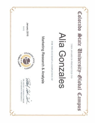 Certificate of Completion Marketing Research and Analysis