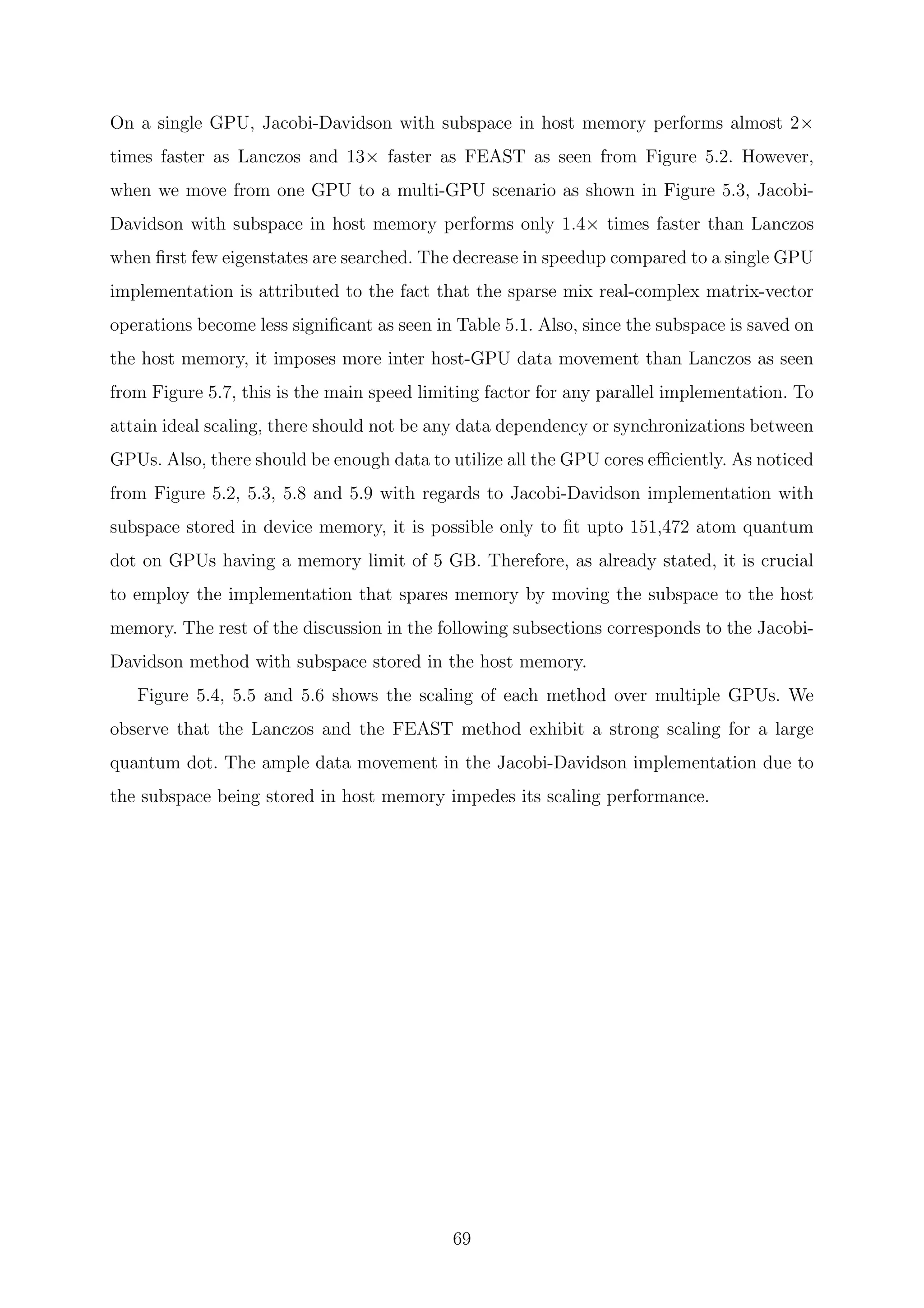 On a single GPU, Jacobi-Davidson with subspace in host memory performs almost 2×
times faster as Lanczos and 13× faster as FEAST as seen from Figure 5.2. However,
when we move from one GPU to a multi-GPU scenario as shown in Figure 5.3, Jacobi-
Davidson with subspace in host memory performs only 1.4× times faster than Lanczos
when ﬁrst few eigenstates are searched. The decrease in speedup compared to a single GPU
implementation is attributed to the fact that the sparse mix real-complex matrix-vector
operations become less signiﬁcant as seen in Table 5.1. Also, since the subspace is saved on
the host memory, it imposes more inter host-GPU data movement than Lanczos as seen
from Figure 5.7, this is the main speed limiting factor for any parallel implementation. To
attain ideal scaling, there should not be any data dependency or synchronizations between
GPUs. Also, there should be enough data to utilize all the GPU cores eﬃciently. As noticed
from Figure 5.2, 5.3, 5.8 and 5.9 with regards to Jacobi-Davidson implementation with
subspace stored in device memory, it is possible only to ﬁt upto 151,472 atom quantum
dot on GPUs having a memory limit of 5 GB. Therefore, as already stated, it is crucial
to employ the implementation that spares memory by moving the subspace to the host
memory. The rest of the discussion in the following subsections corresponds to the Jacobi-
Davidson method with subspace stored in the host memory.
Figure 5.4, 5.5 and 5.6 shows the scaling of each method over multiple GPUs. We
observe that the Lanczos and the FEAST method exhibit a strong scaling for a large
quantum dot. The ample data movement in the Jacobi-Davidson implementation due to
the subspace being stored in host memory impedes its scaling performance.
69
 