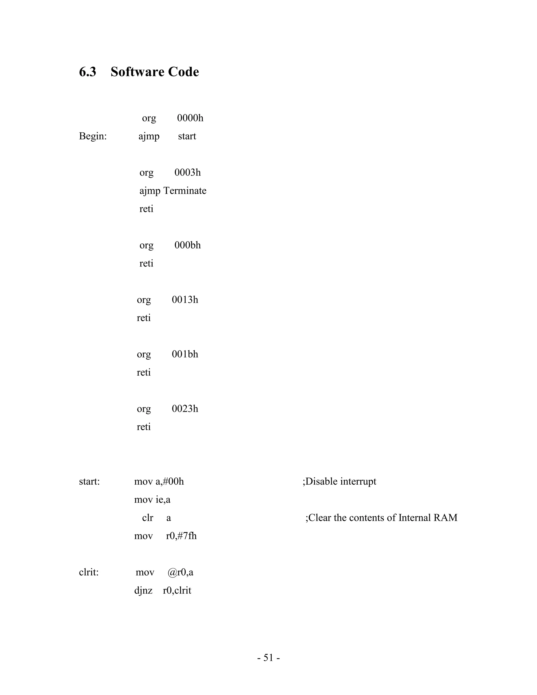 - 51 -
6.3 Software Code
org 0000h
Begin: ajmp start
org 0003h
ajmp Terminate
reti
org 000bh
reti
org 0013h
reti
org 001bh
reti
org 0023h
reti
start: mov a,#00h ;Disable interrupt
mov ie,a
clr a ;Clear the contents of Internal RAM
mov r0,#7fh
clrit: mov @r0,a
djnz r0,clrit
 