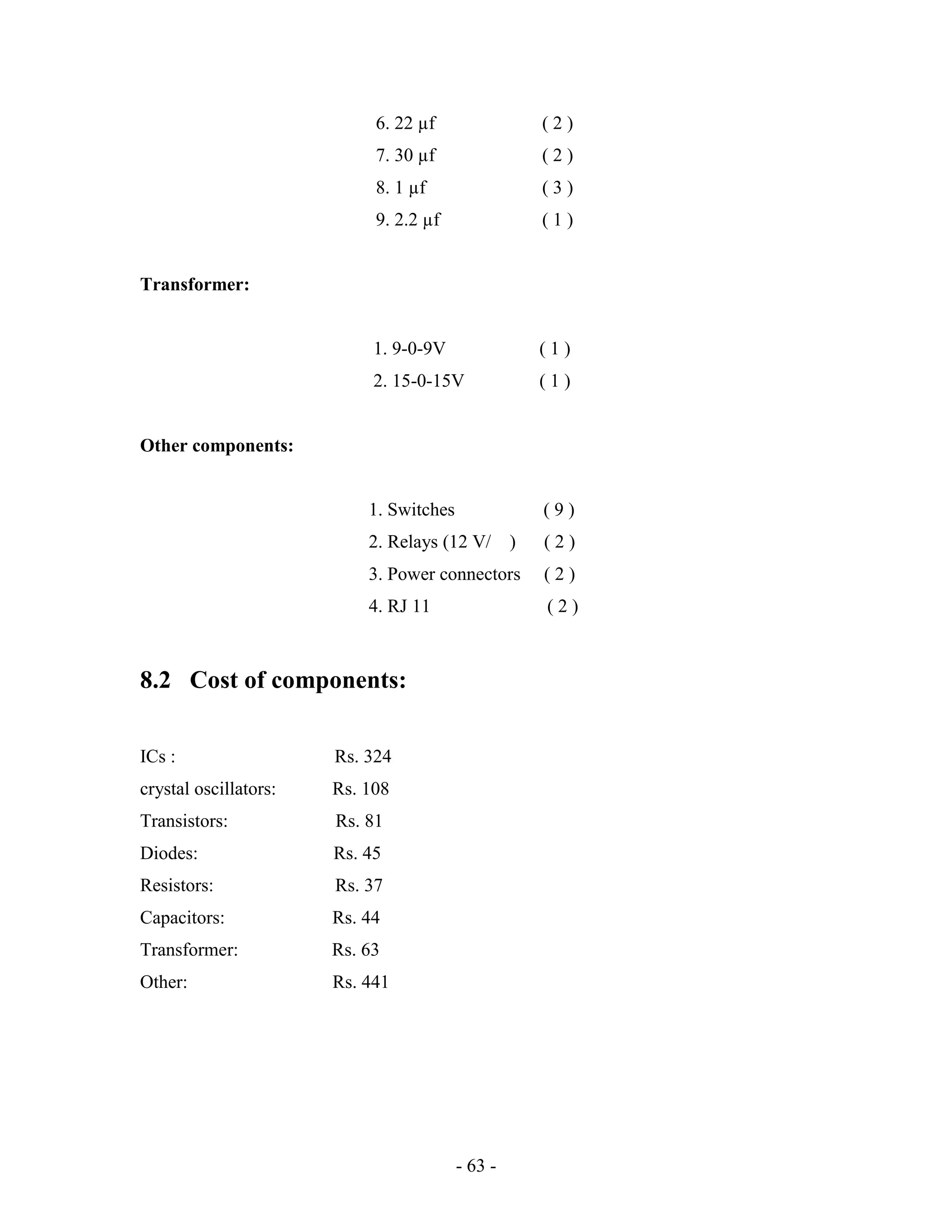 - 63 -
6. 22 µf ( 2 )
7. 30 µf ( 2 )
8. 1 µf ( 3 )
9. 2.2 µf ( 1 )
Transformer:
1. 9-0-9V ( 1 )
2. 15-0-15V ( 1 )
Other components:
1. Switches ( 9 )
2. Relays (12 V/ ) ( 2 )
3. Power connectors ( 2 )
4. RJ 11 ( 2 )
8.2 Cost of components:
ICs : Rs. 324
crystal oscillators: Rs. 108
Transistors: Rs. 81
Diodes: Rs. 45
Resistors: Rs. 37
Capacitors: Rs. 44
Transformer: Rs. 63
Other: Rs. 441
 