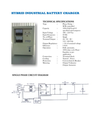 HYBRID INDUSTRIAL BATTERY CHARGER
TECHNICAL SPECIFICATIONS
Type : Phase Firing /
SCR controlled
Capacity : 100% Full Load @
specified rated amperes
Input Voltage : 180 – 250 Vac
Input Frequency : 60 Hz
No. of Phase : Single
Nominal Output : 24 / 36 / 48 /
110 / 240 Vdc
Output Regulation: ± 1% of nominal voltage
Efficiency : ≥ 85%
Operation : Fully automatic,
100% duty cycle Float /
Equalize as per
application
Connection : Terminal block
Cooling : Natural / Force
Protection : Current limit & Breaker
Metering : Output Voltmeter
Output Ammeter
SINGLE PHASE CIRCUIT DIAGRAM
 