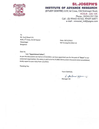 Appointment letter of st.joseph