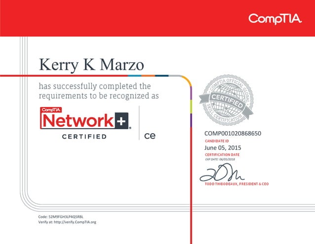 CompTIA Network+ ce certificate Kerry K Marzo | PDF