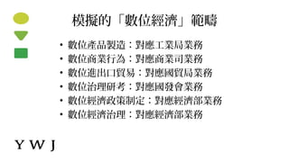 模擬的「數位經濟」範疇
• 數位產品製造：對應工業局業務
• 數位商業行為：對應商業司業務
• 數位進出口貿易：對應國貿局業務
• 數位治理研考：對應國發會業務
• 數位經濟政策制定：對應經濟部業務
• 數位經濟治理：對應經濟部業務
 