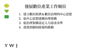 發展數位產業工作順位
1. 建立數位經濟＆數位治理的中心思想
2. 依中心思想建構治理架構
3. 依治理架構設定人力需求水準
4. 落實到個別政策的推動
 