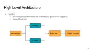 High Level Architecture
● Goals
○ to classify the sentiment of each sentence into "positive" or "negative".
○ to identify clusters
3
Documents
Classify
Cluster
Cluster PolarityCombine
 