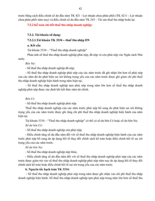 42
trước bằng cách điều chỉnh số dư đầu năm TK 421 - Lợi nhuận chưa phân phối (TK 4211 - Lợi nhuận
chưa phân phối năm nay) và điều chỉnh số dư đầu năm TK 243 – Tài sản thuế thu nhập hoãn lại.
7.5.2 Kế toán chi tiết thuế thu nhâp doanh nghiệp:
7.5.2. Taøi khoaûn söû duïng:
7.5.2.1.Taøi khoaûn TK 3334 – thueá thu nhaäp DN
a. Kết cấu
Tài khoản 3334 – “Thuế thu nhập doanh nghiệp”
Phản ánh số thuế thu nhập doanh nghiệp phải nộp, đã nộp và còn phải nộp vào Ngân sách Nhà
nước.
Bên Nợ:
- Số thuế thu nhập doanh nghiệp đã nộp;
- Số thuế thu nhập doanh nghiệp phải nộp của các năm trước đã ghi nhận lớn hơn số phải nộp
của các năm đó do phát hiện sai sót không trọng yếu của các năm trước được ghi giảm chi phí thuế
thu nhập doanh nghiệp hiện hành trong năm hiện tại;
- Số thuế thu nhập doanh nghiệp tạm phải nộp trong năm lớn hơn số thuế thu nhập doanh
nghiệp phải nộp được xác định khi kết thúc năm tài chính.
Bên Có
- Số thuế thu nhập doanh nghiệp phải nộp.
Thuế thu nhập doanh nghiệp của các năm trước phải nộp bổ sung do phát hiện sai sót không
trọng yếu của các năm trước được ghi tăng chi phí thuế thu nhập doanh nghiệp hiện hành của năm
hiện tại.
Tài khoản 3334 – “Thuế thu nhập doanh nghiệp” có thể có số dư bên Có hoặc số dư bên Nợ.
Số dư bên Có:
- Số thuế thu nhập doanh nghiệp còn phải nộp;
- Điều chỉnh tăng số dư đầu năm đối với số thuế thu nhập doanh nghiệp hiện hành của các năm
trước phải nộp bổ sung do áp dụng hồi tố thay đổi chính sách kế toán hoặc điều chỉnh hồi tố sai sót
trọng yếu của các năm trước.
Số dư bên Nợ:
- Số thuế thu nhập doanh nghiệp nộp thừa;
- Điều chỉnh tăng số dư đầu năm đối với số thuế thu nhập doanh nghiệp phải nộp của các năm
trước được giảm trừ vào số thuế thu nhập doanh nghiệp phải nộp năm nay do áp dụng hồi tố thay đổi
chính sách kế toán hoặc điều chỉnh hồi tố sai sót trọng yếu của các năm trước.
b. Nguyên tắc hạch toán TK 3334:
- Số thuế thu nhập doanh nghiệp phải nộp trong năm được ghi nhận vào chi phí thuế thu nhập
doanh nghiệp hiện hành; Số thuế thu nhập doanh nghiệp tạm phải nộp trong năm lớn hơn số thuế thu
 