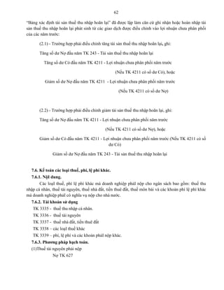 62
“Bảng xác định tài sản thuế thu nhập hoãn lại” đã được lập làm căn cứ ghi nhận hoặc hoàn nhập tài
sản thuế thu nhập hoãn lại phát sinh từ các giao dịch được điều chỉnh vào lợi nhuận chưa phân phối
của các năm trước:
(2.1) - Trường hợp phải điều chỉnh tăng tài sản thuế thu nhập hoãn lại, ghi:
Tăng số dư Nợ đầu năm TK 243 - Tài sản thuế thu nhập hoãn lại
Tăng số dư Có đầu năm TK 4211 - Lợi nhuận chưa phân phối năm trước
(Nếu TK 4211 có số dư Có), hoặc
Giảm số dư Nợ đầu năm TK 4211 - Lợi nhuận chưa phân phối năm trước
(Nếu TK 4211 có số dư Nợ)
(2.2) - Trường hợp phải điều chỉnh giảm tài sản thuế thu nhập hoãn lại, ghi:
Tăng số dư Nợ đầu năm TK 4211 - Lợi nhuận chưa phân phối năm trước
(Nếu TK 4211 có số dư Nợ), hoặc
Giảm số dư Có đầu năm TK 4211 - Lợi nhuận chưa phân phối năm trước (Nếu TK 4211 có số
dư Có)
Giảm số dư Nợ đầu năm TK 243 - Tài sản thuế thu nhập hoãn lại
7.6. Kế toán các loại thuế, phí, lệ phí khác.
7.6.1. NộI dung.
Các loạI thuế, phí lệ phí khác mà doanh nghiệp phảI nộp cho ngân sách bao gồm: thuế thu
nhập cá nhân, thuế tài nguyên, thuế nhà đất, tiền thuê đất, thuế môn bài và các khoản phí lệ phí khác
mà doanh nghiệp phảI có nghĩa vụ nộp cho nhà nước.
7.6.2. Tài khoản sử dụng
TK 3335 - thuế thu nhập cá nhân.
TK 3336 - thuế tài nguyên
TK 3337 - thuế nhà đất, tiền thuê đất
TK 3338 – các loạI thuế khác
TK 3339 – phí, lệ phí và các khoản phảI nộp khác.
7.6.3. Phƣơng pháp hạch toán.
(1)Thuế tài nguyên phải nộp
Nợ TK 627
 