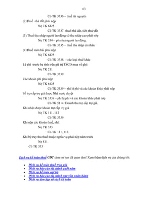 63
Có TK 3336 – thuế tài nguyên
(2)Thuế nhà đất phải nộp
Nợ TK 6425
Có TK 3337- thuế nhà đất, tiền thuê đất
(3).Thuế thu nhập người lao động có thu nhập cao phải nộp
Nợ TK 334 - phải trả người lao động.
Có TK 3335 – thuế thu nhập cá nhân
(4)Thuế môn bài phải nộp
Nợ TK 6425
Có TK 3338. – các loại thuế khác
Lệ phí trước bạ tính trên giá trị TSCĐ mua về ghi:
Nợ TK 211
Có TK 3339.
Các khoản phí phải nộp
Nợ TK 6425
Có TK 3339 – phí lệ phí và các khoản khác phải nộp
Số trợ cấp trợ giá được Nhà nước duyệt
Nợ TK 3339 – phí lệ phí và các khoản khác phải nộp
Có TK 5114: Doanh thu trợ cấp trợ giá.
Khi nhận được khoản trợ cấp trợ giá
Nợ TK 111, 112
Có TK 3339.
Khi nộp các khoản thuế, phí.
Nợ TK 333
Có TK 111, 112.
Khi bị truy thu thuế thuộc nghĩa vụ phải nộp năm trước
Nợ 811
Có TK 333
Dịch vụ kế toán thuế GDT cảm ơn bạn đã quan tâm! Xem thêm dịch vụ của chúng tôi:
 Dịch vụ kế toán thuế trọn gói
 Dịch vụ báo cáo tài chính cuối năm
 Dịch vụ kế toán nội bộ
 Dịch vụ báo cáo tài chính vay vốn ngân hàng
 Dịch vụ dọn dẹp sổ sách kế toán
 