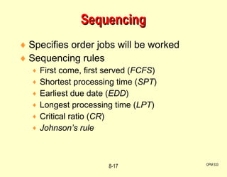 Specifies order jobs will be worked Sequencing rules First come, first served ( FCFS ) Shortest processing time ( SPT ) Earliest due date ( EDD ) Longest processing time ( LPT ) Critical ratio ( CR ) Johnson’s rule Sequencing OPM 533 8- 