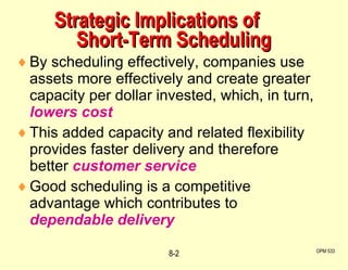 Strategic Implications of  Short-Term Scheduling By scheduling effectively, companies use assets more effectively and create greater capacity per dollar invested, which, in turn,  lowers cost This added capacity and related flexibility provides faster delivery and therefore better  customer service Good scheduling is a competitive advantage which contributes to  dependable delivery OPM 533 8- 