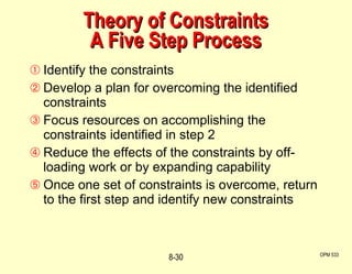 Theory of Constraints A Five Step Process Identify the constraints Develop a plan for overcoming the identified constraints Focus resources on accomplishing the constraints identified in step 2 Reduce the effects of the constraints by off-loading work or by expanding capability Once one set of constraints is overcome, return to the first step and identify new constraints OPM 533 8- 