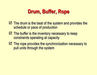 Drum, Buffer, Rope The drum is the beat of the system and provides the schedule or pace of production The buffer is the inventory necessary to keep constraints operating at capacity The rope provides the synchronization necessary to pull units through the system 