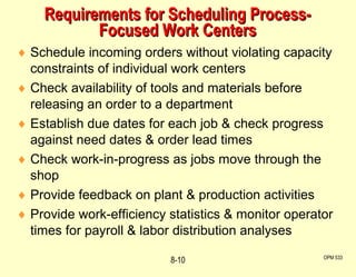 Requirements for Scheduling Process-Focused Work Centers Schedule incoming orders without violating capacity constraints of individual work centers Check availability of tools and materials before releasing an order to a department Establish due dates for each job & check progress against need dates & order lead times Check work-in-progress as jobs move through the shop Provide feedback on plant & production activities Provide work-efficiency statistics & monitor operator times for payroll & labor distribution analyses OPM 533 8- 