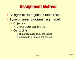 Assigns tasks or jobs to resources Type of linear programming model Objective Minimize total cost, time etc. Constraints 1 job per resource (e.g., machine) 1 resource (e.g., machine) per job Assignment Method OPM 533 8- 