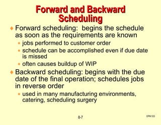 Forward and Backward Scheduling Forward scheduling:  begins the schedule as soon as the requirements are known jobs performed to customer order schedule can be accomplished even if due date is missed often causes buildup of WIP Backward scheduling: begins with the due date of the final operation; schedules jobs in reverse order used in many manufacturing environments, catering, scheduling surgery OPM 533 8- 