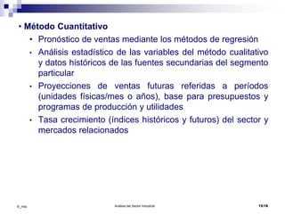 Análisis del Sector Industrial 12/18©_mta
• Método Cuantitativo
• Pronóstico de ventas mediante los métodos de regresión
• Análisis estadístico de las variables del método cualitativo
y datos históricos de las fuentes secundarias del segmento
particular
• Proyecciones de ventas futuras referidas a períodos
(unidades físicas/mes o años), base para presupuestos y
programas de producción y utilidades
• Tasa crecimiento (índices históricos y futuros) del sector y
mercados relacionados
 