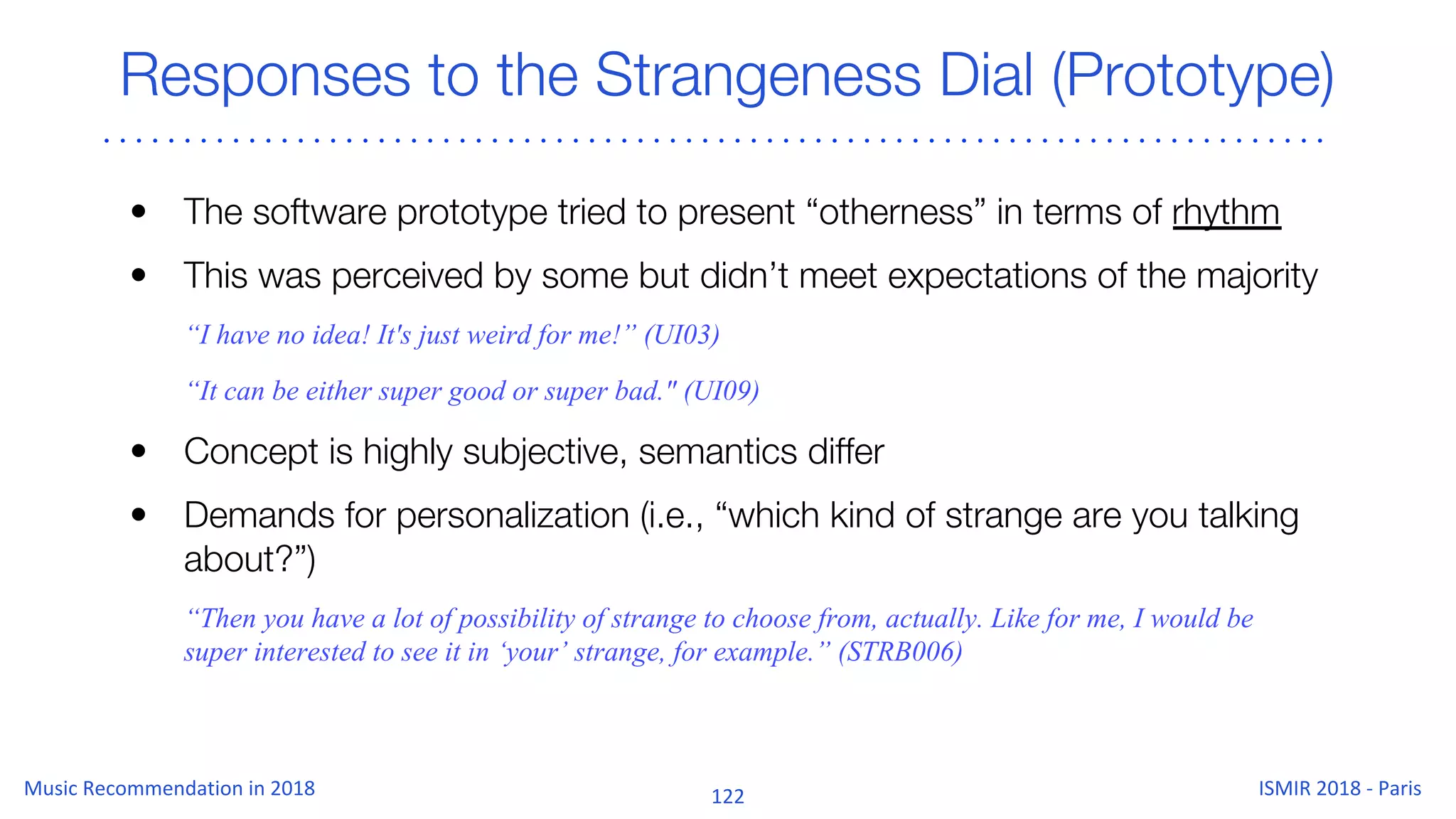 Responses to the Strangeness Dial (Prototype)
• The software prototype tried to present “otherness” in terms of rhythm
• This was perceived by some but didn’t meet expectations of the majority
“I have no idea! It's just weird for me!” (UI03)
“It can be either super good or super bad." (UI09)
• Concept is highly subjective, semantics differ
• Demands for personalization (i.e., “which kind of strange are you talking
about?”)
“Then you have a lot of possibility of strange to choose from, actually. Like for me, I would be
super interested to see it in ‘your’ strange, for example.” (STRB006)
 
