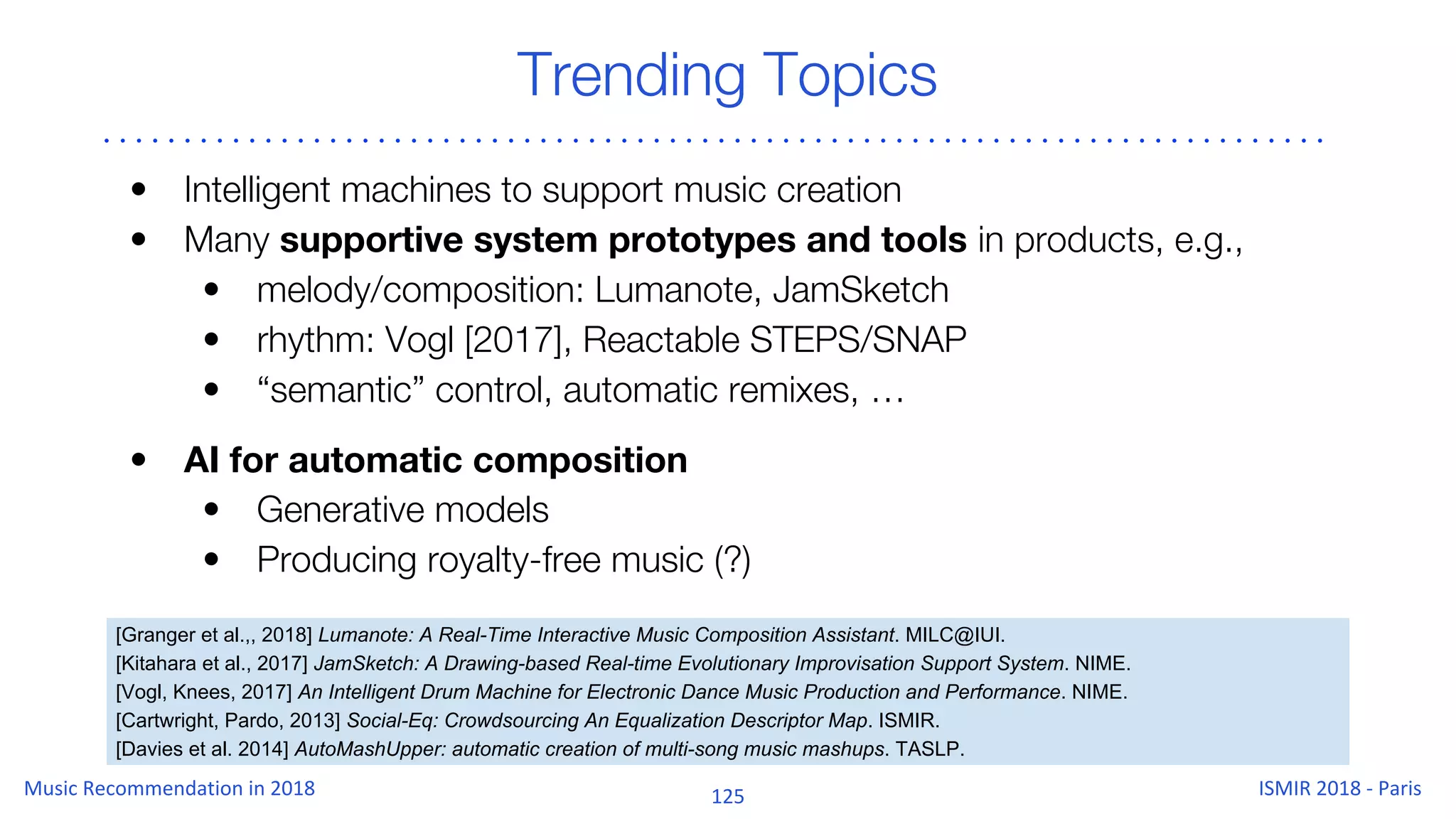 Trending Topics
• Intelligent machines to support music creation
• Many supportive system prototypes and tools in products, e.g.,
• melody/composition: Lumanote, JamSketch
• rhythm: Vogl [2017], Reactable STEPS/SNAP
• “semantic” control, automatic remixes, …
• AI for automatic composition
• Generative models
• Producing royalty-free music (?)
[Granger et al.,, 2018] Lumanote: A Real-Time Interactive Music Composition Assistant. MILC@IUI.
[Vogl, Knees, 2017] An Intelligent Drum Machine for Electronic Dance Music Production and Performance. NIME.
[Kitahara et al., 2017] JamSketch: A Drawing-based Real-time Evolutionary Improvisation Support System. NIME.
[Cartwright, Pardo, 2013] Social-Eq: Crowdsourcing An Equalization Descriptor Map. ISMIR.
[Davies et al. 2014] AutoMashUpper: automatic creation of multi-song music mashups. TASLP.
 