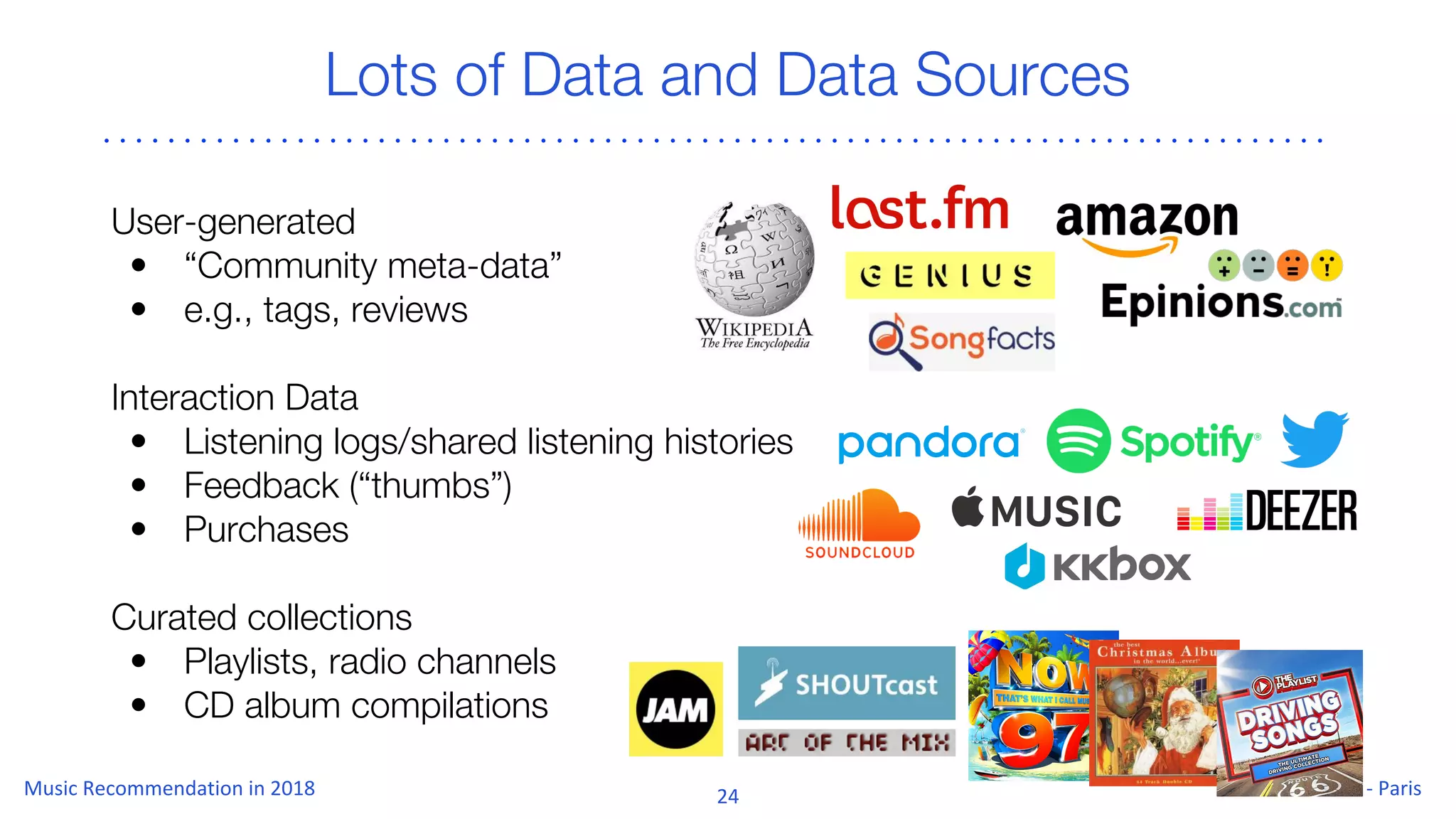 User-generated
• “Community meta-data”
• e.g., tags, reviews
Interaction Data
• Listening logs/shared listening histories
• Feedback (“thumbs”)
• Purchases
Curated collections
• Playlists, radio channels
• CD album compilations
Lots of Data and Data Sources
 