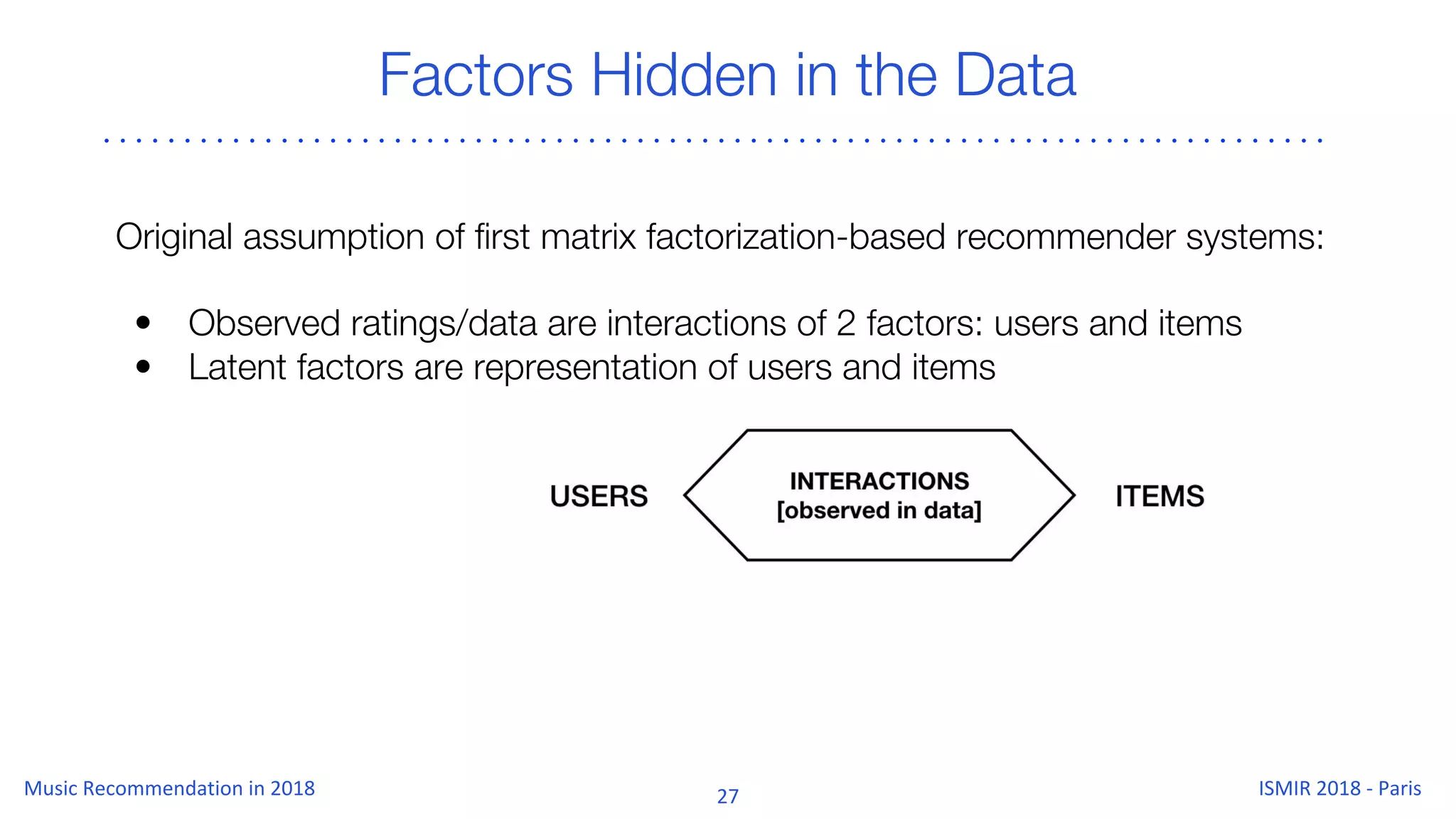 Factors Hidden in the Data
Original assumption of first matrix factorization-based recommender systems:
• Observed ratings/data are interactions of 2 factors: users and items
• Latent factors are representation of users and items
 
