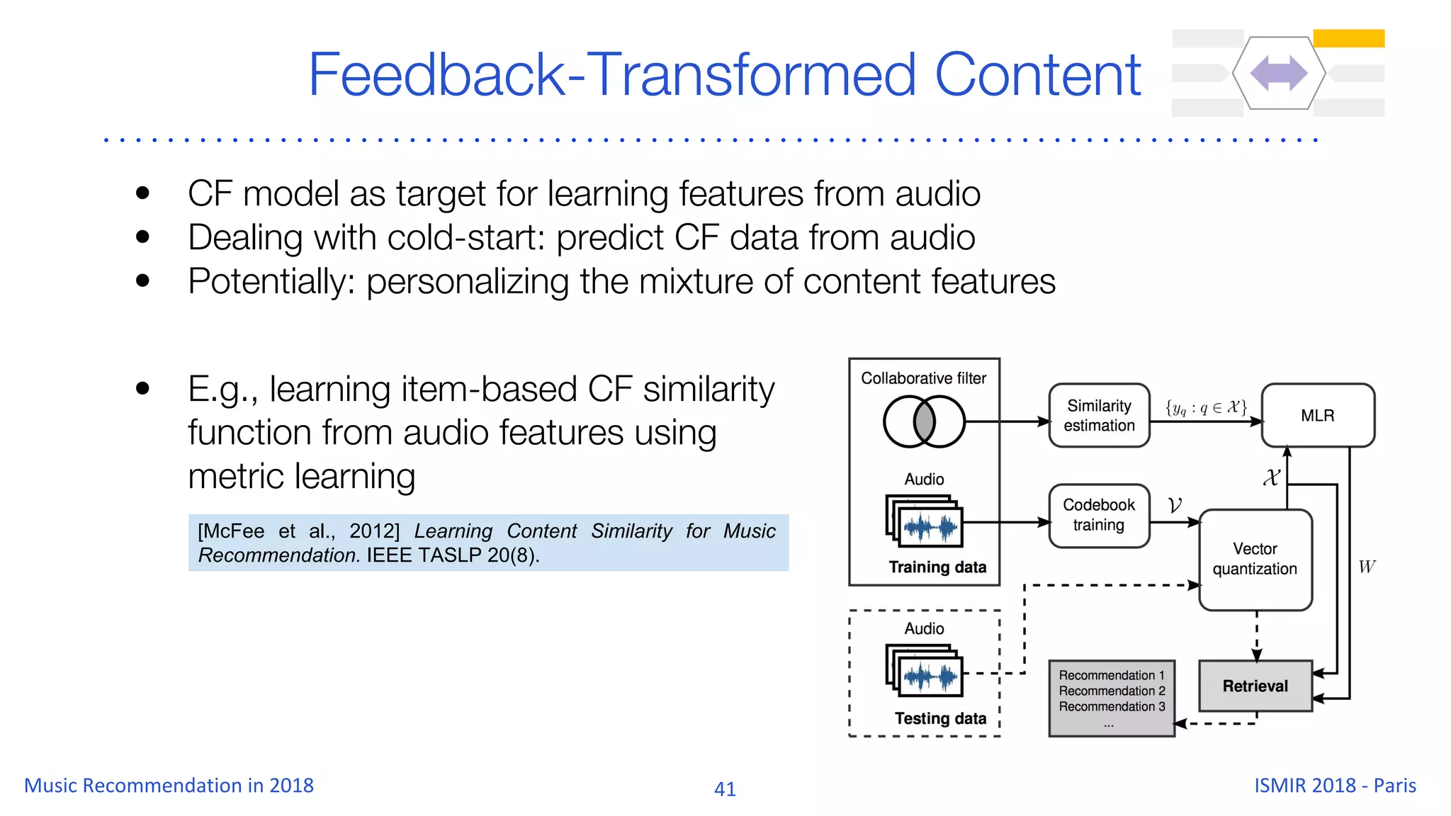 Feedback-Transformed Content
• CF model as target for learning features from audio
• Dealing with cold-start: predict CF data from audio
• Potentially: personalizing the mixture of content features
• E.g., learning item-based CF similarity
function from audio features using
metric learning
[McFee et al., 2012] Learning Content Similarity for Music
Recommendation. IEEE TASLP 20(8).
 