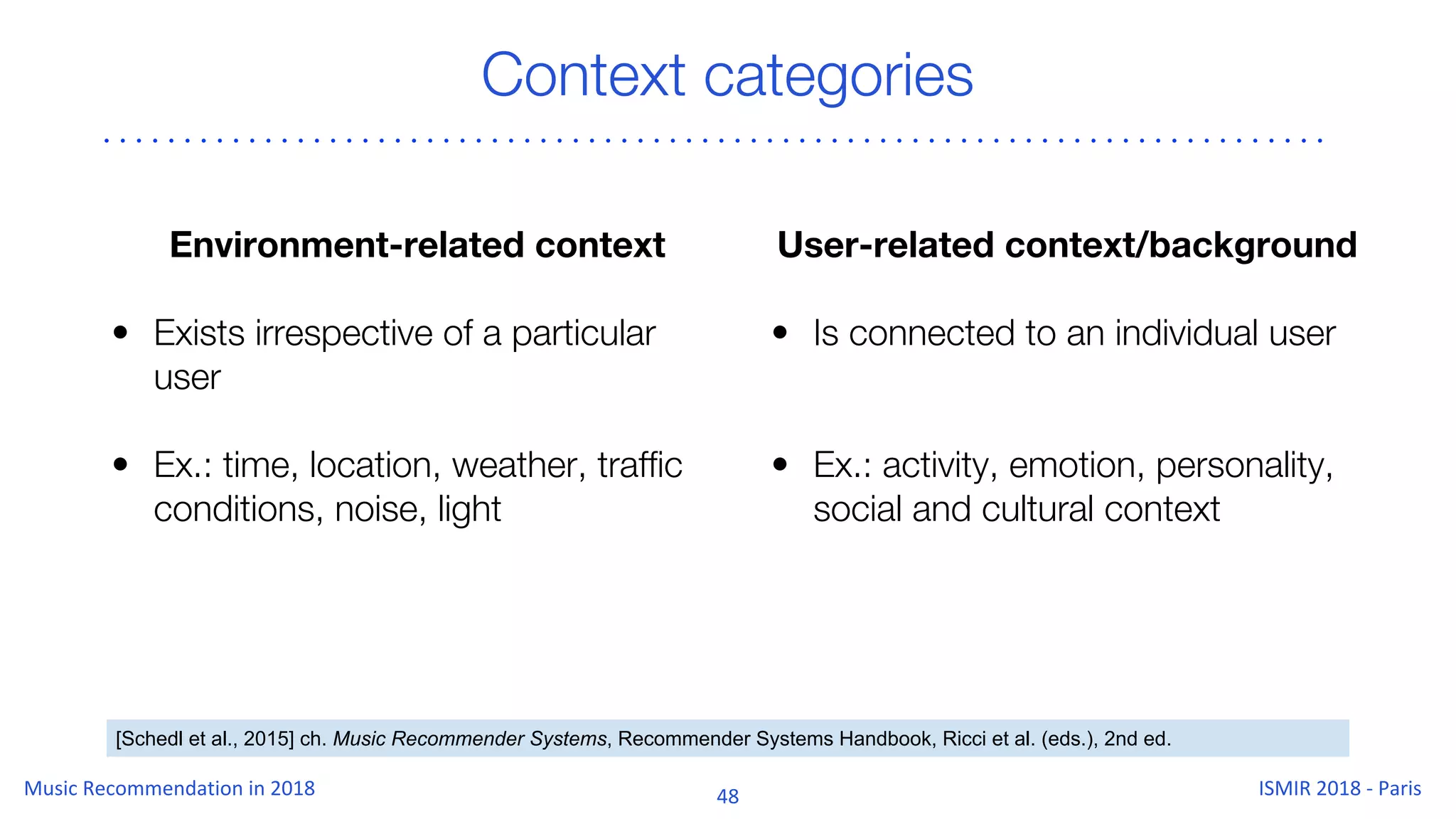 Context categories
Environment-related context
• Exists irrespective of a particular
user
• Ex.: time, location, weather, traffic
conditions, noise, light
User-related context/background
• Is connected to an individual user
• Ex.: activity, emotion, personality,
social and cultural context
[Schedl et al., 2015] ch. Music Recommender Systems, Recommender Systems Handbook, Ricci et al. (eds.), 2nd ed.
 