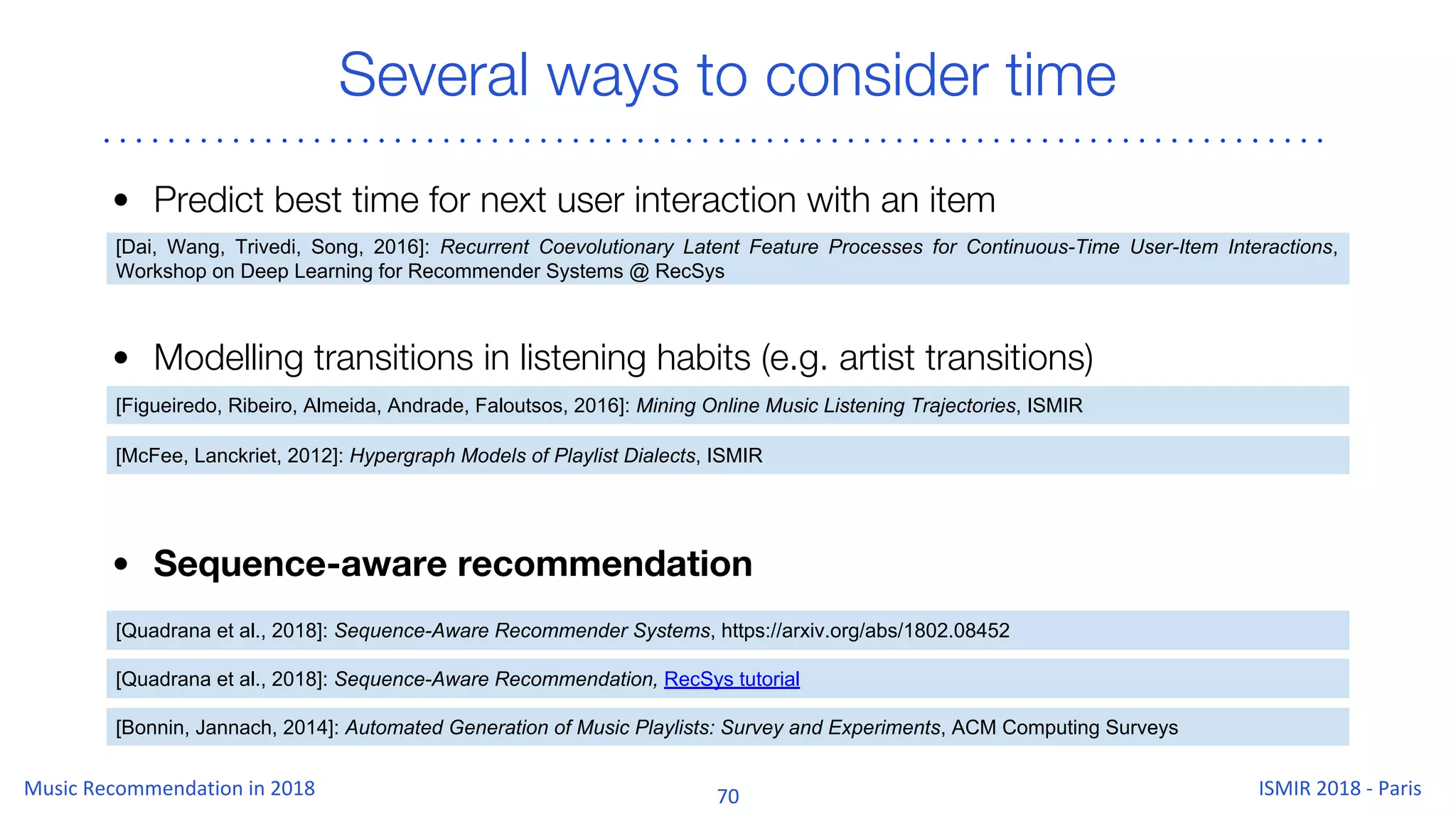 Several ways to consider time
[Figueiredo, Ribeiro, Almeida, Andrade, Faloutsos, 2016]: Mining Online Music Listening Trajectories, ISMIR
[McFee, Lanckriet, 2012]: Hypergraph Models of Playlist Dialects, ISMIR
• Modelling transitions in listening habits (e.g. artist transitions)
[Quadrana et al., 2018]: Sequence-Aware Recommender Systems, https://arxiv.org/abs/1802.08452
[Bonnin, Jannach, 2014]: Automated Generation of Music Playlists: Survey and Experiments, ACM Computing Surveys
• Sequence-aware recommendation
[Dai, Wang, Trivedi, Song, 2016]: Recurrent Coevolutionary Latent Feature Processes for Continuous-Time User-Item Interactions,
Workshop on Deep Learning for Recommender Systems @ RecSys
• Predict best time for next user interaction with an item
[Quadrana et al., 2018]: Sequence-Aware Recommendation, RecSys tutorial
 
