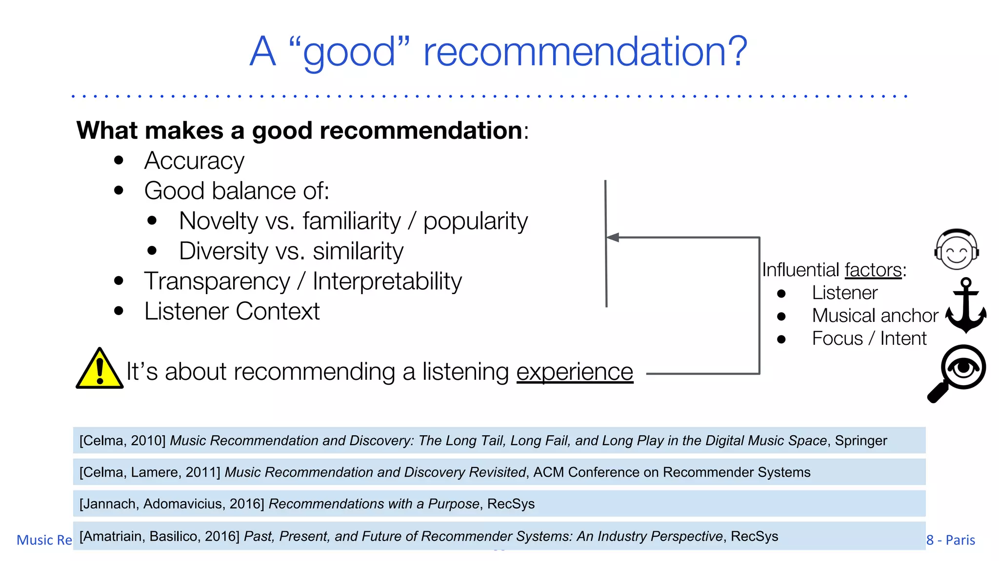 A “good” recommendation?
What makes a good recommendation:
• Accuracy
• Good balance of:
• Novelty vs. familiarity / popularity
• Diversity vs. similarity
• Transparency / Interpretability
• Listener Context
It’s about recommending a listening experience
[Celma, Lamere, 2011] Music Recommendation and Discovery Revisited, ACM Conference on Recommender Systems
[Jannach, Adomavicius, 2016] Recommendations with a Purpose, RecSys
Influential factors:
● Listener
● Musical anchor
● Focus / Intent
[Celma, 2010] Music Recommendation and Discovery: The Long Tail, Long Fail, and Long Play in the Digital Music Space, Springer
[Amatriain, Basilico, 2016] Past, Present, and Future of Recommender Systems: An Industry Perspective, RecSys
 