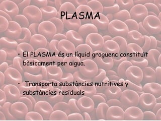 PLASMA El PLASMA és un líquid groguenc constituït bàsicament per aigua.  Transporta substàncies nutritives y substàncies residuals 